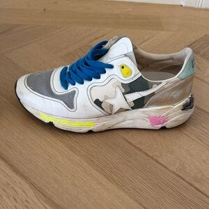 Golden Goose White Multi-Color Low-Top Sneaker with Blue Laces